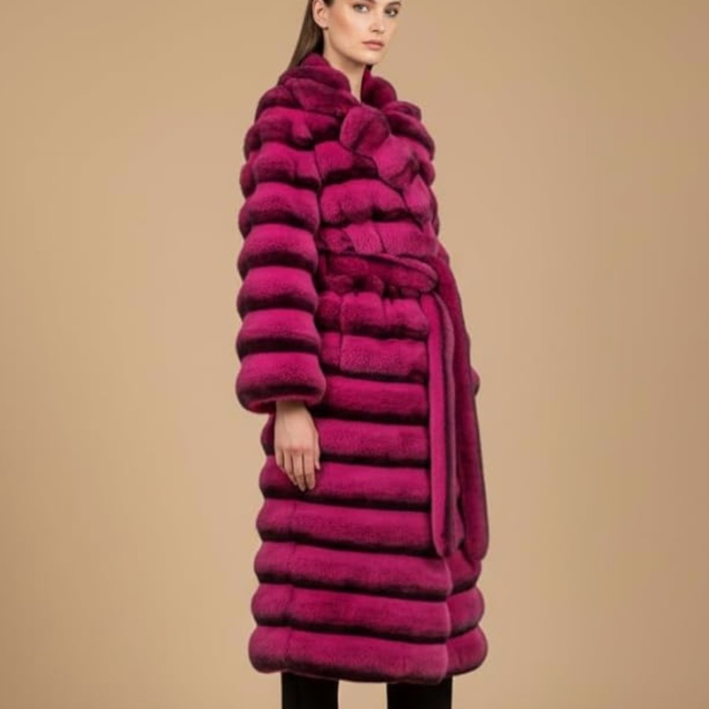 🆕 Chinchilla Faux Fur Coat Luxury Soft Long Length Trench Hot Pink Black 2X XXL - Picture 2 of 7